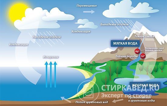A schematic representation of the water cycle in nature shows at what stage magnesium and calcium salts enter the liquid