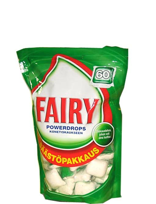 Polyethylene package of sixty universal cleaning tablets for the Fairy dishwasher