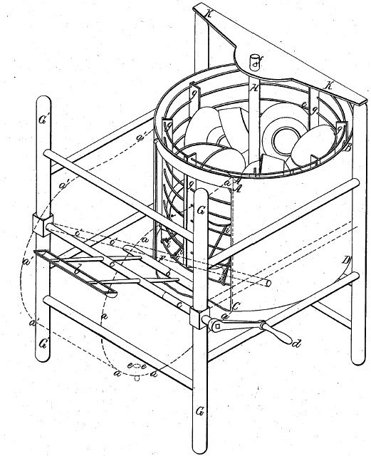 A hand-drawn diagram of the first manual dishwasher and its operating principle