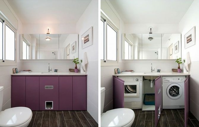 Cabinet with purple doors for a washing machine