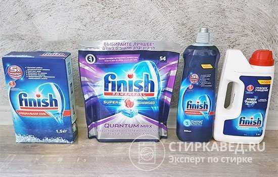 Salt, rinse aids and washing powders from the Finish brand are relatively inexpensive and popular among PMM users