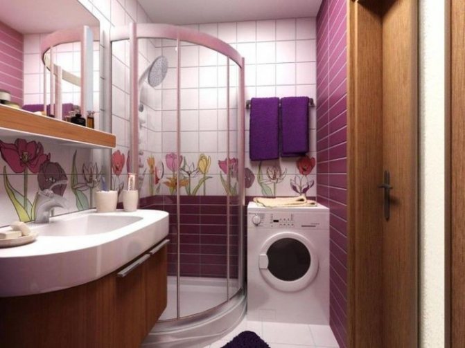 Washing machine in the interior of a bathroom with shower