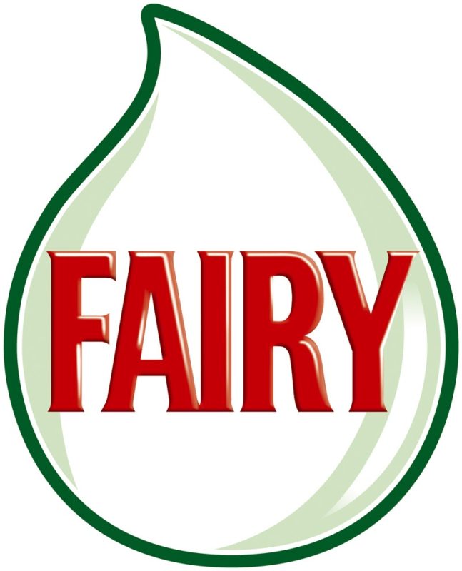 Trademark of the popular brand of dishwashing detergents Fairy in the form of an inscription in a green drop