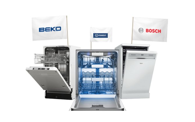Three models of built-in dishwashers from manufacturers Veko, Indesit and Bosch