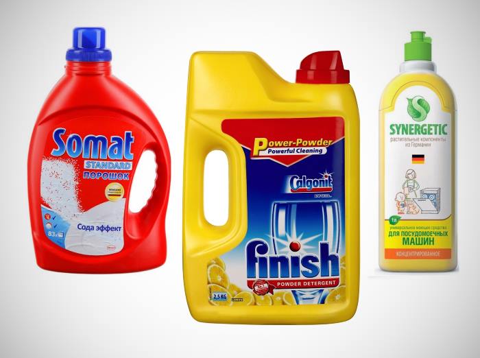 Three types of liquid dishwasher detergent from popular manufacturers