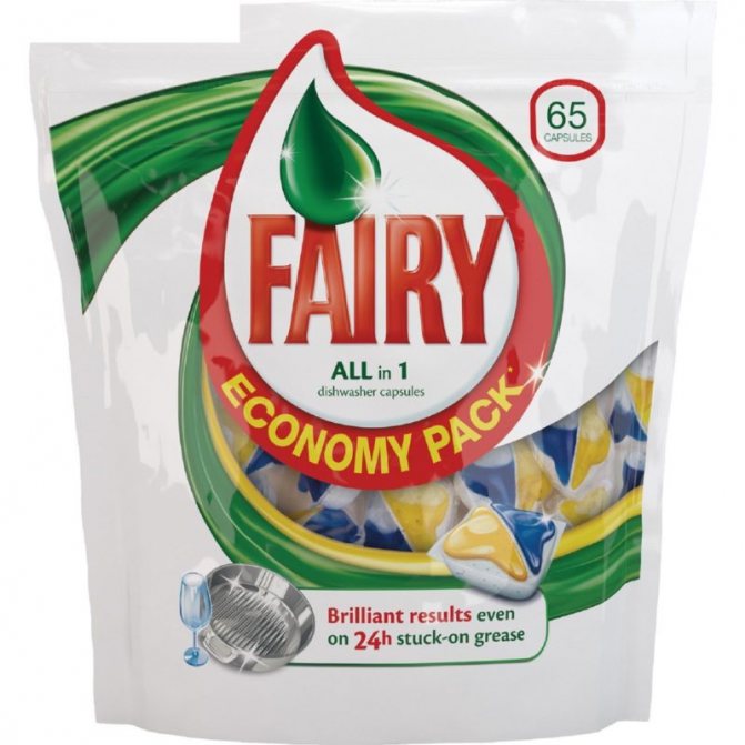 Pack of sixty-five Fairy dishwasher cleaning tablets all in one