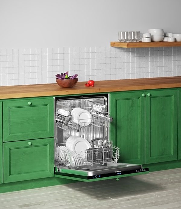Вариант расположение встраиваемой посудомоечной машины на кухне больших размеров